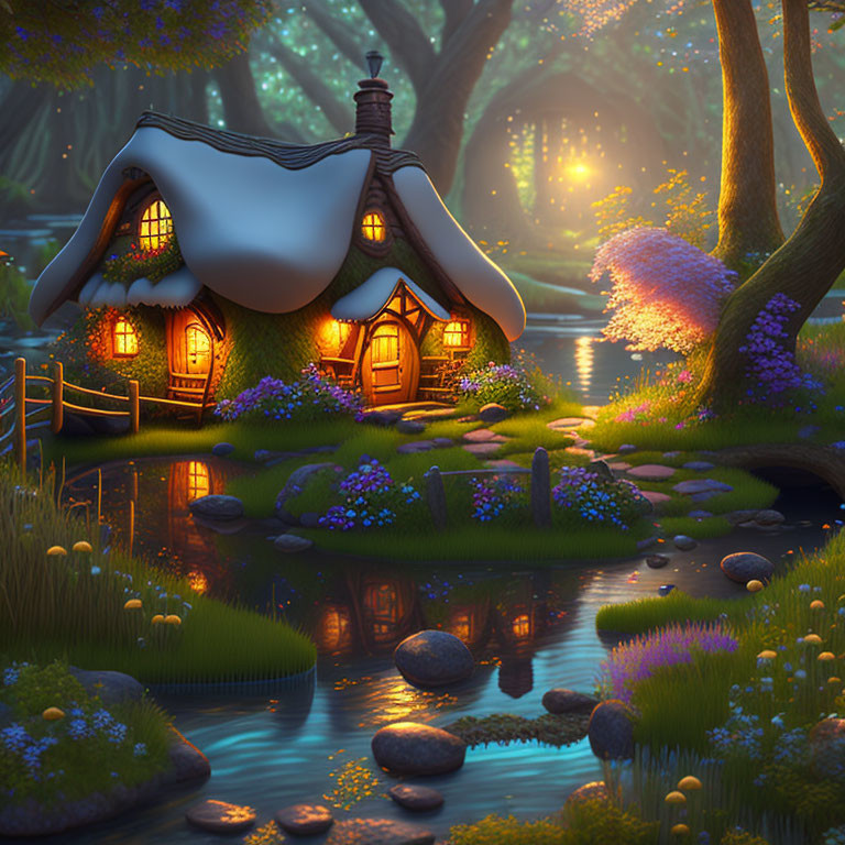 Thatched Roof Cottage in Magical Forest with Stream