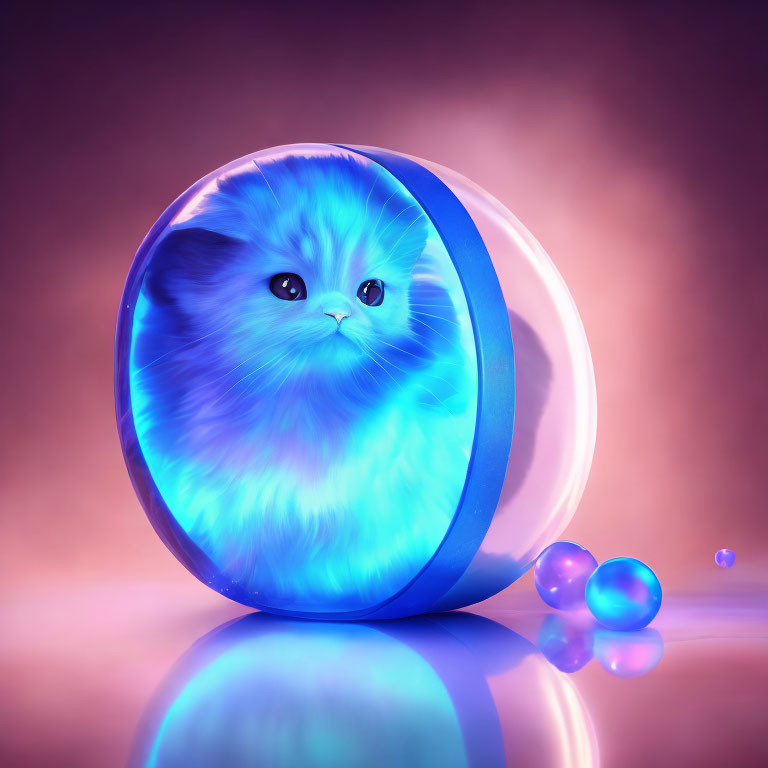 Blue fluffy cat-like creature in translucent sphere on pink-purple background
