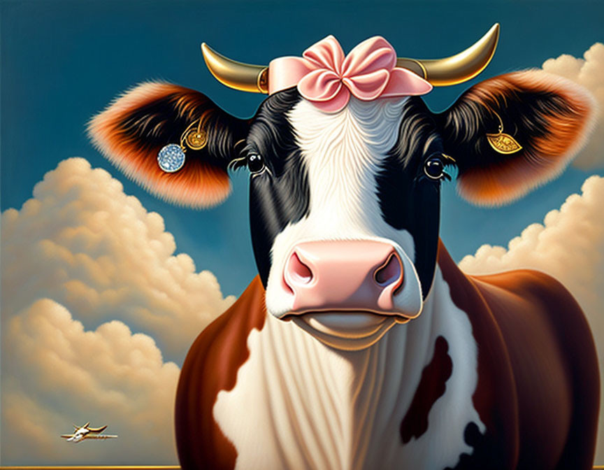 Stylized cow portrait with pink bow and jewelry on blue sky.