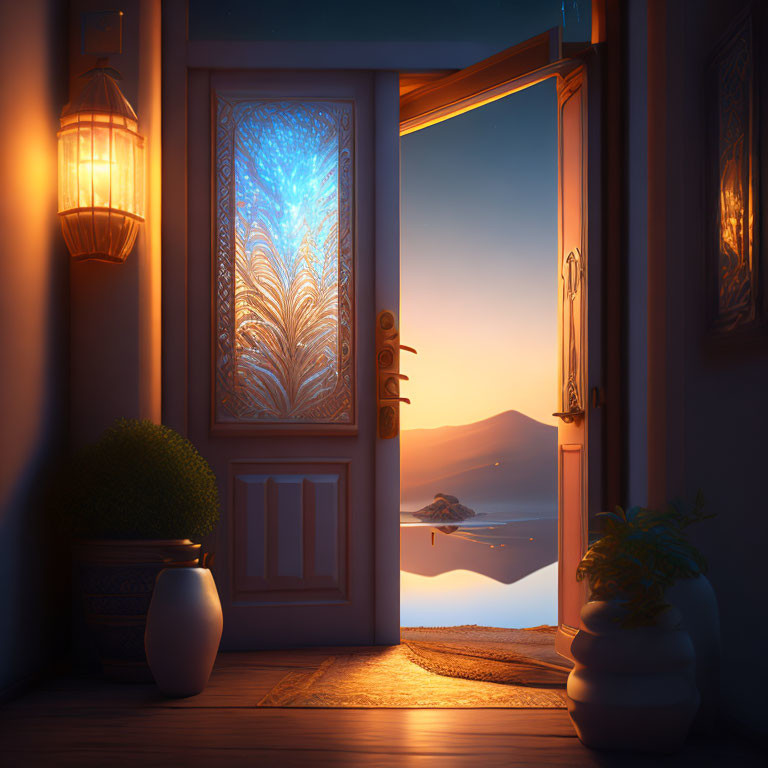 Twilight scene: Open door with vibrant glass, hills, water view