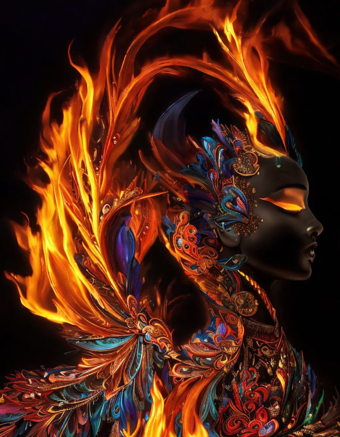 Colorful digital artwork: Woman with flaming head and vibrant feather decorations