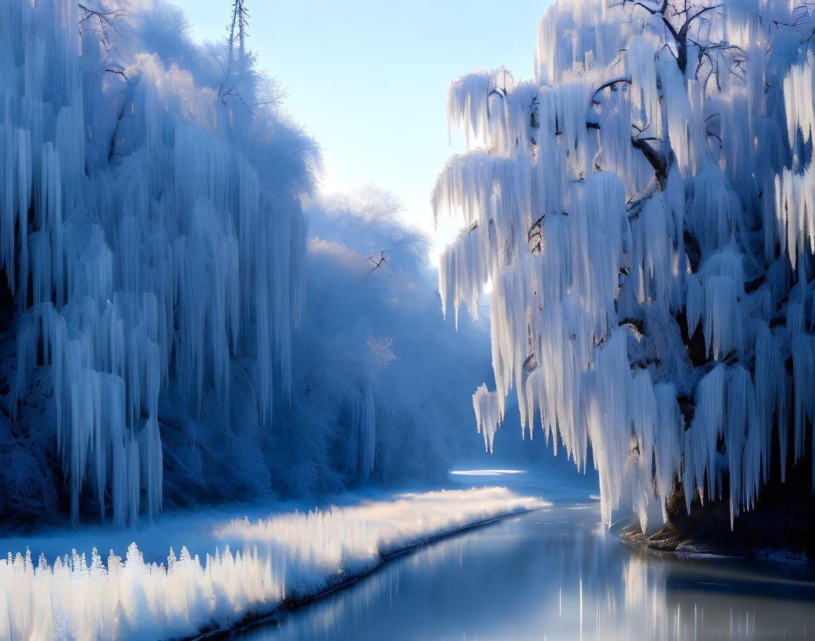 Tranquil winter landscape with frosted trees by flowing river