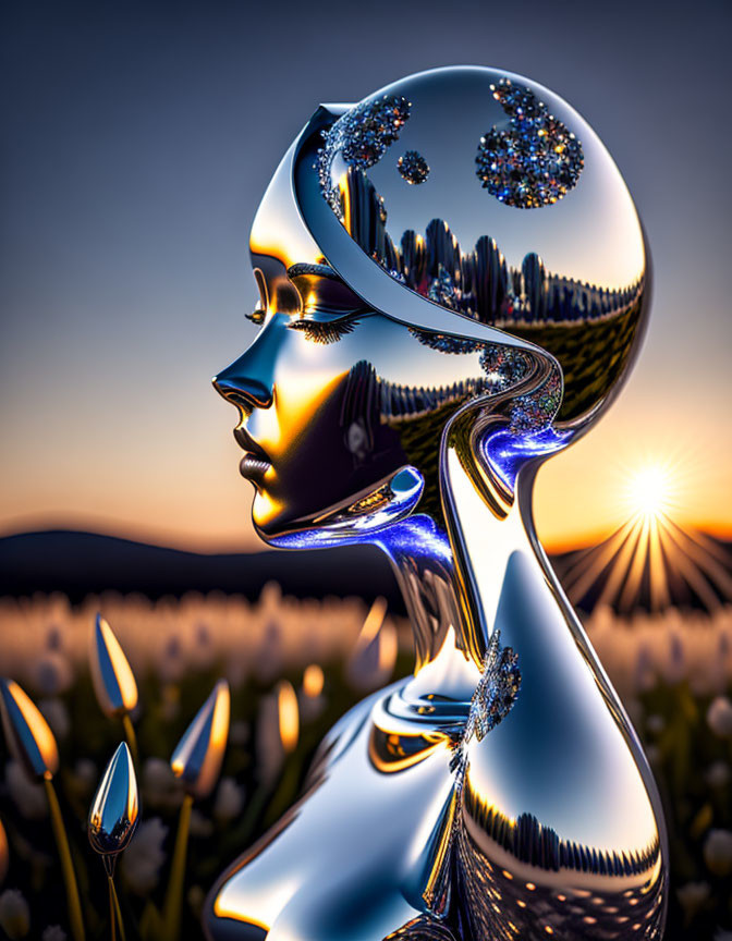 Reflective humanoid figure in surreal landscape with flowers and setting sun