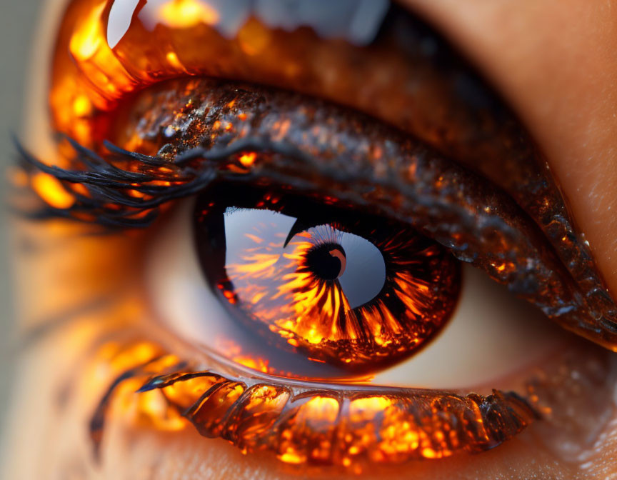 Detailed close-up of human eye with fiery amber iris reflecting inferno