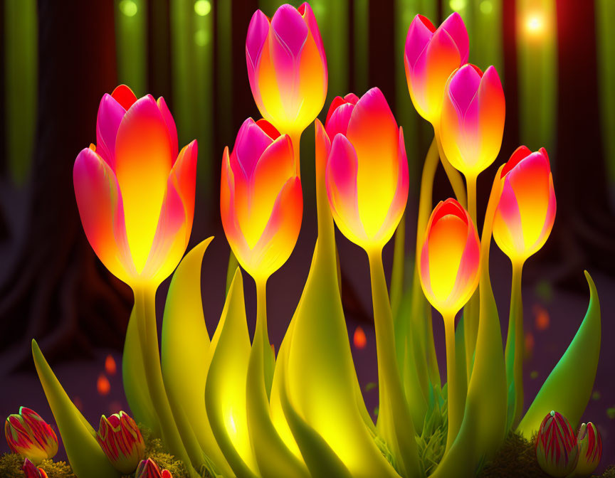 Vibrant tulips glow against dark forest backdrop