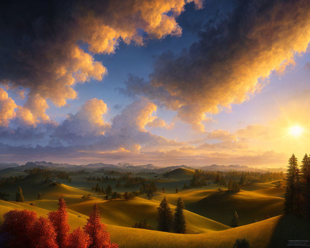 Vibrant autumn sunset over rolling hills and dramatic sky