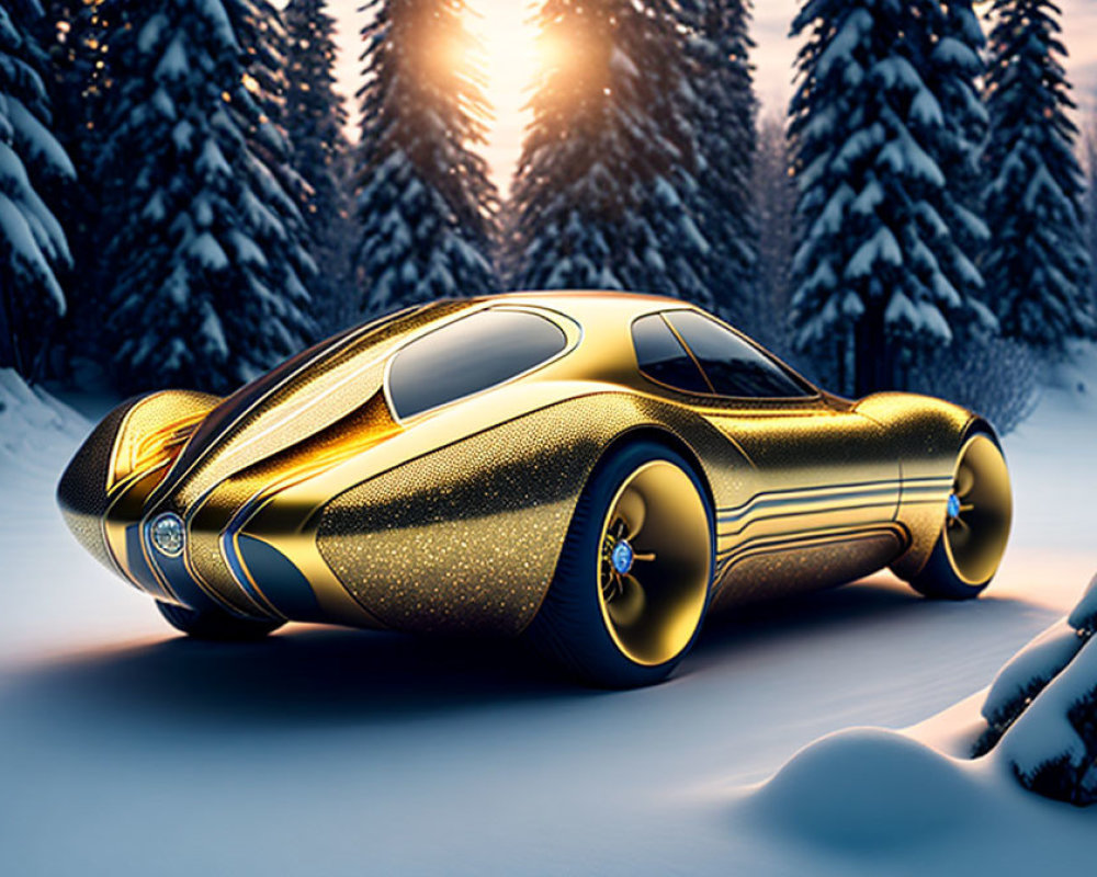 Futuristic gold car in snowy forest at sunset