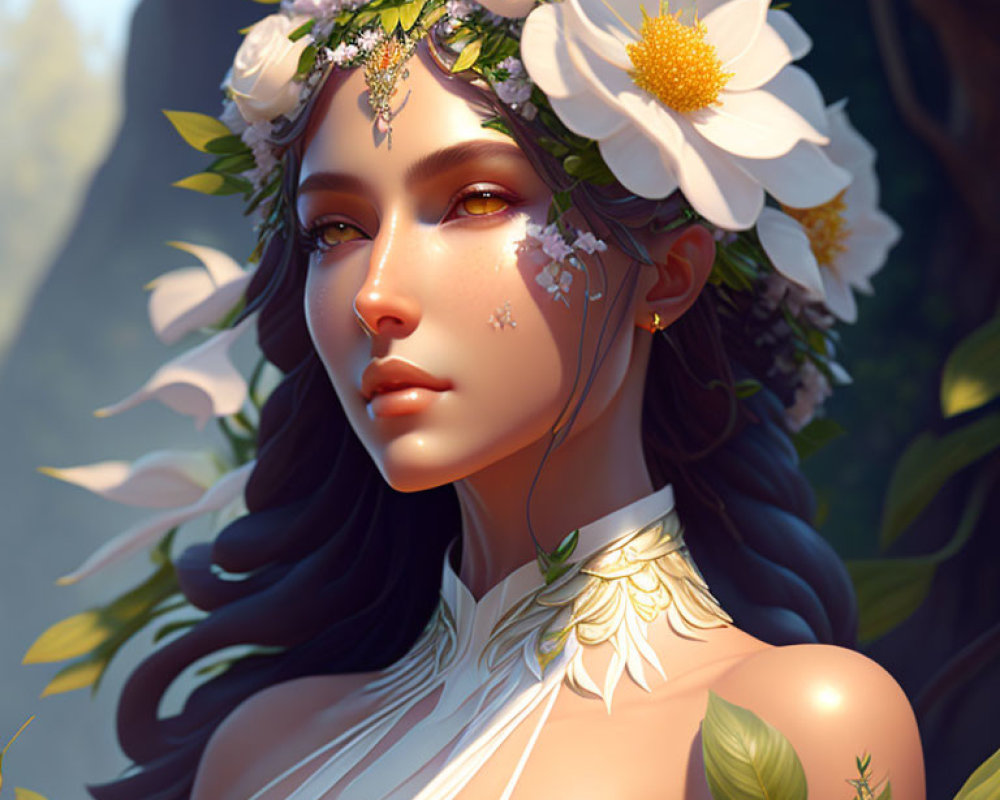 Ethereal woman with floral crown in serene nature backdrop
