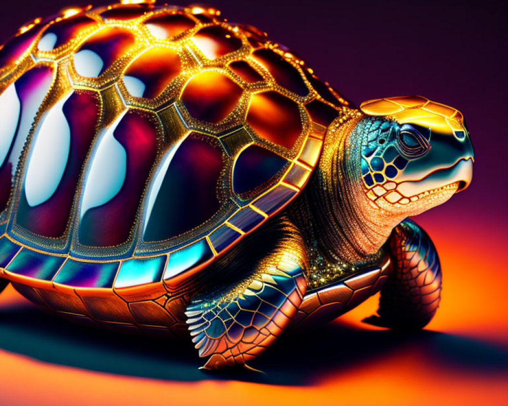 Vibrant digital artwork: Turtle with illuminated shell in orange, gold, and blue