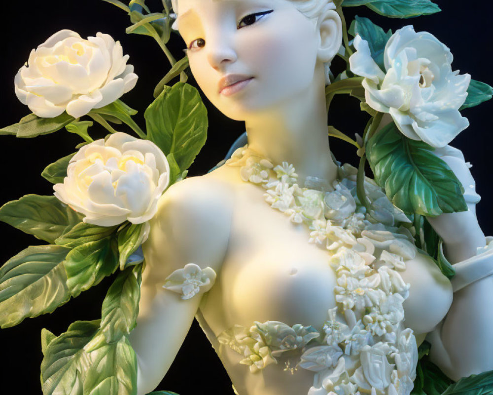 Porcelain Woman Figure with White Roses and Floral Motif