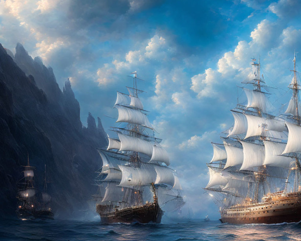 Tall ships with billowing sails near cliffs in misty waters