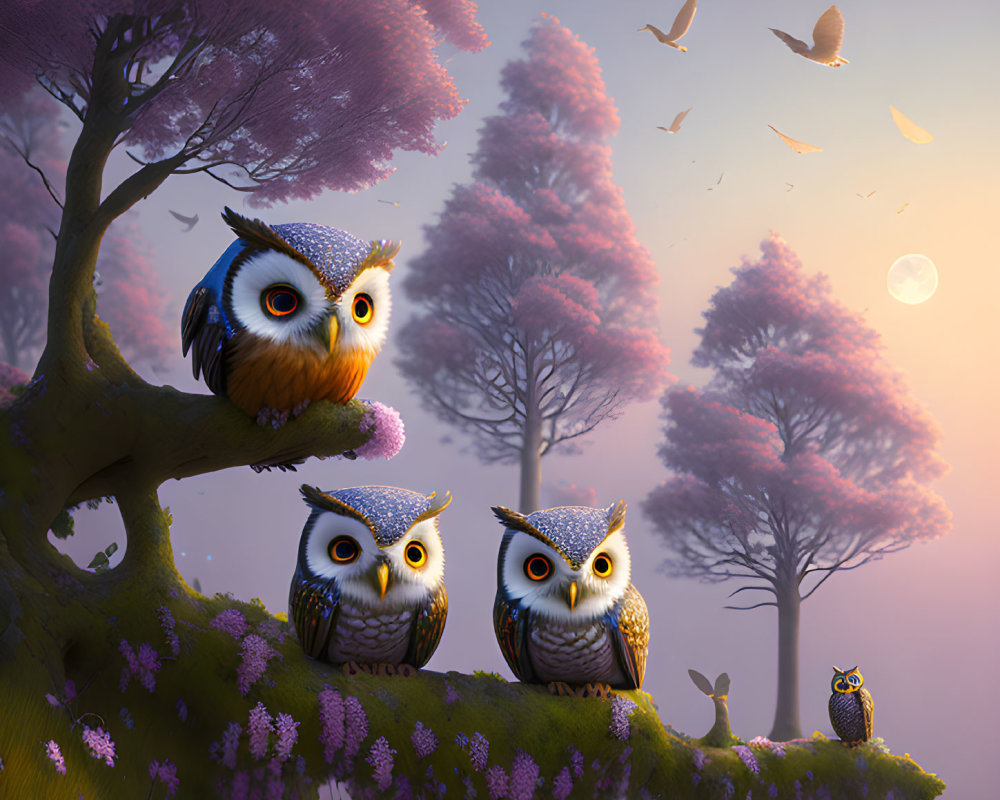 Vibrant animated owls on blossoming tree branch at misty sunset