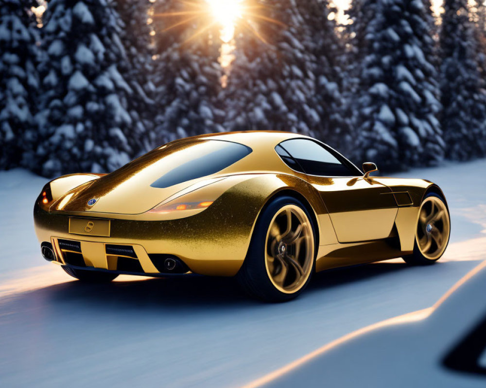 Golden Sports Car Parked on Snowy Road with Pine Trees and Twilight Sky