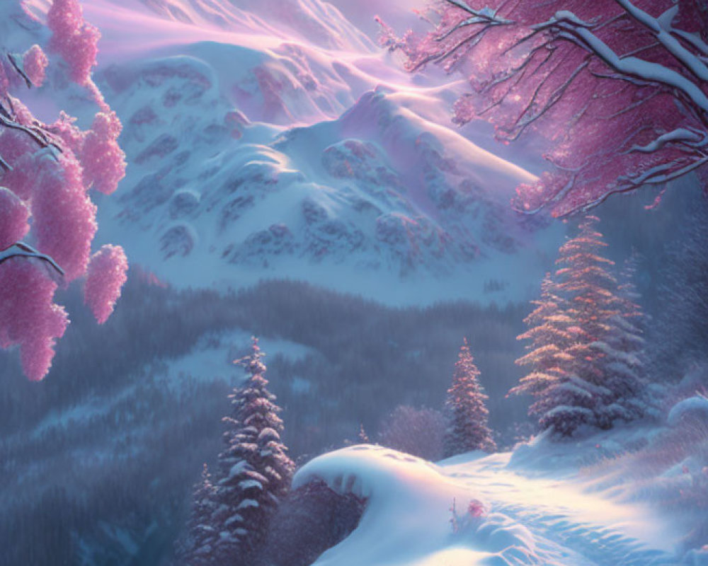 Pink-Hued Winter Sunset Over Snow-Covered Mountains