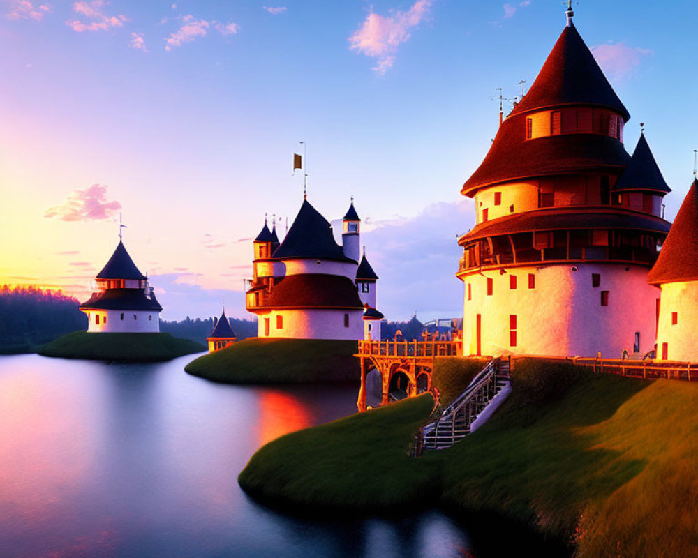 Majestic fairytale castle at sunset by tranquil water
