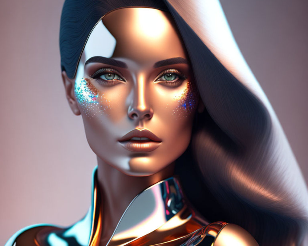 Woman with metallic skin and blue eyes in digital art.