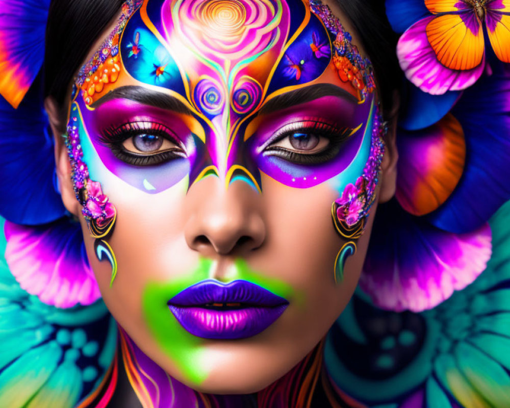 Colorful woman with face paint, floral designs, purple lips, butterflies, and flowers.
