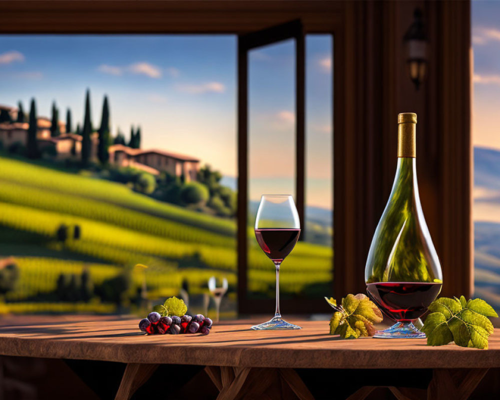 Vineyard scenery with wine bottle, glass, grapes, and vine leaves on wooden ledge