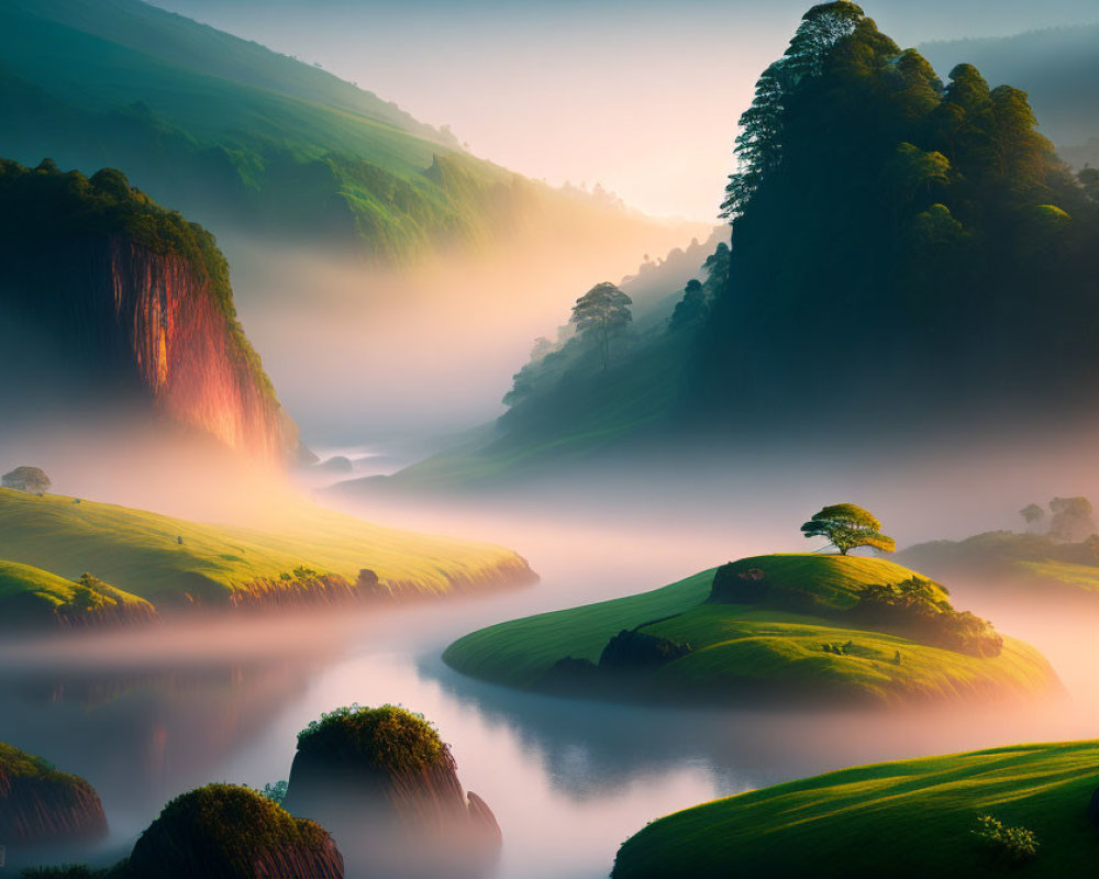 Tranquil landscape with river, hills, trees, and mist at sunrise or sunset