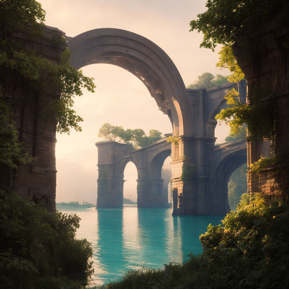Tranquil lake scene with overgrown arches and sunlight filtering through foliage