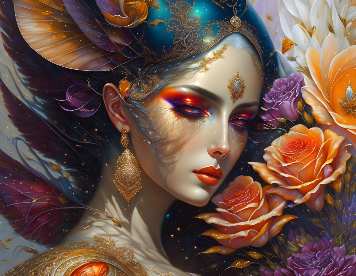 Vibrant makeup and gold jewelry on a woman in digital art among colorful flowers