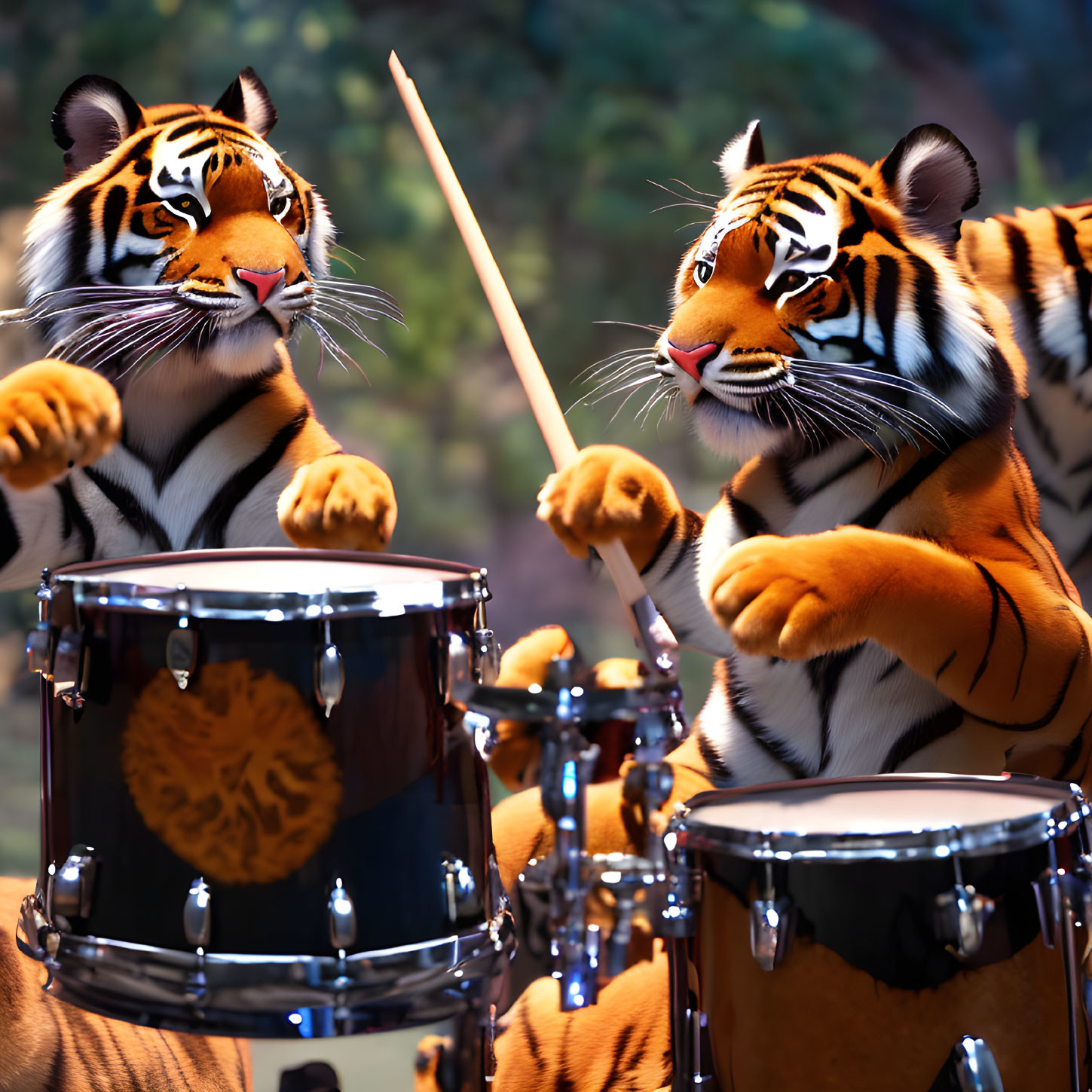 Two animated tigers playing drums in forest setting