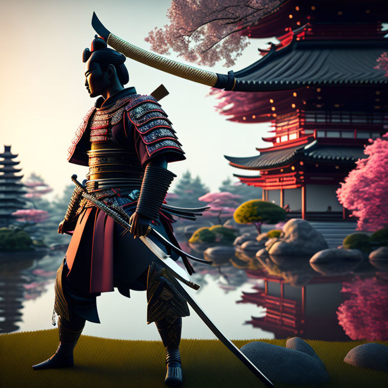 Traditional samurai in armor by tranquil pond with cherry blossoms and pagoda at dusk
