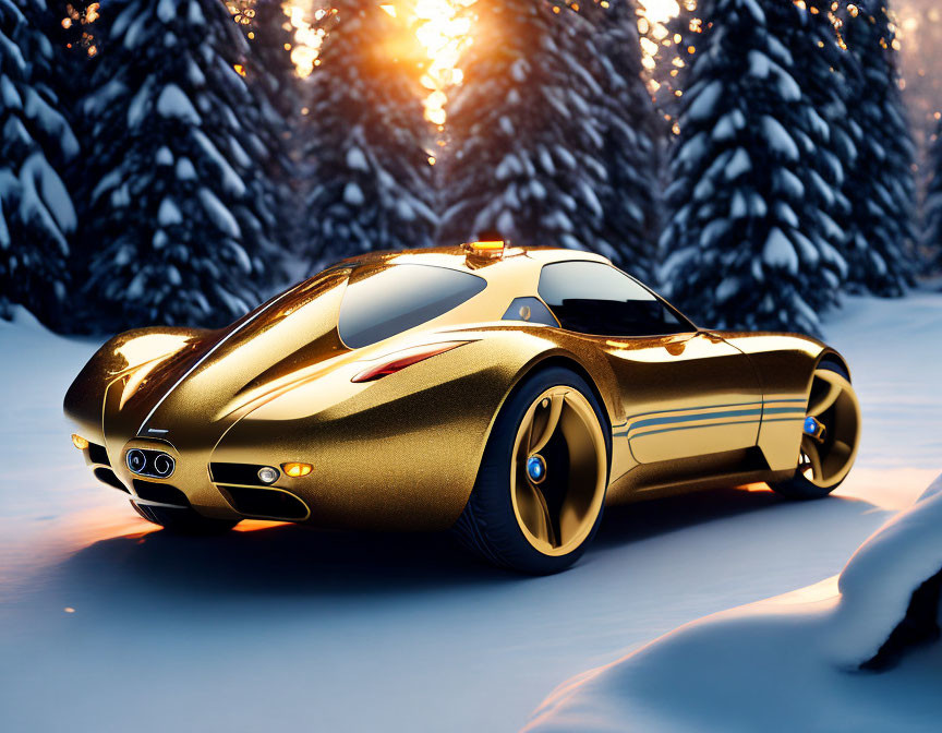 Futuristic golden car with blue accents in snowy forest sunset