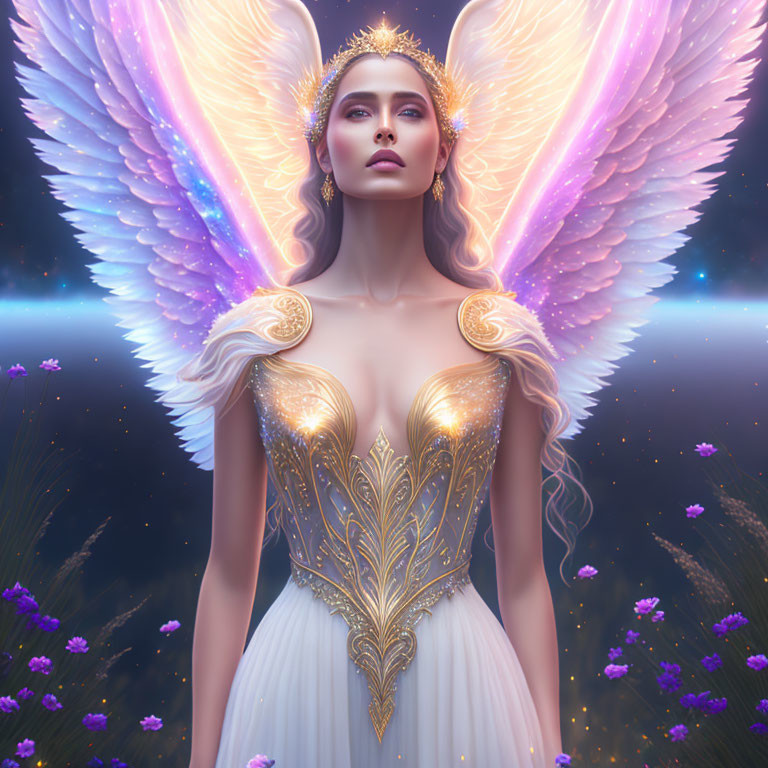 Fantastical woman with multicolored angel wings and golden attire on starry backdrop.