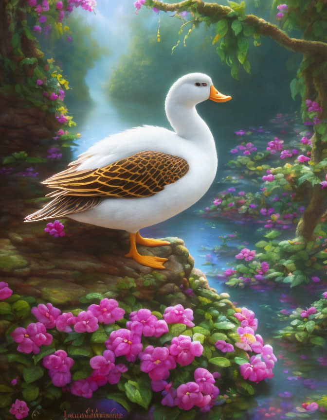 White Duck with Orange Feet in Misty Forest Setting