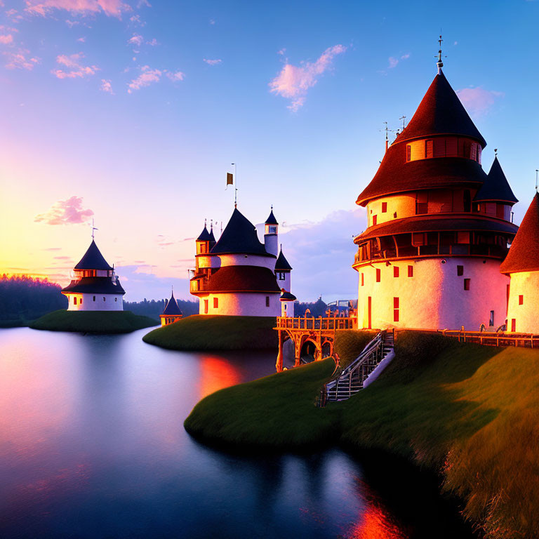Majestic fairytale castle at sunset by tranquil water