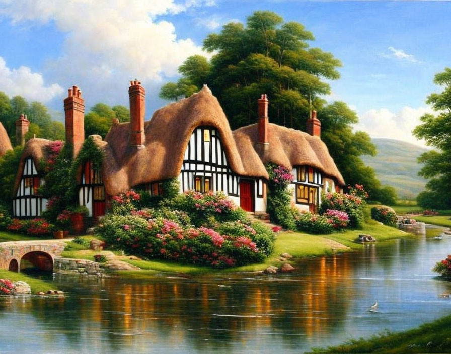 Tranquil rural landscape with thatched cottages, flowerbeds, river, and swans