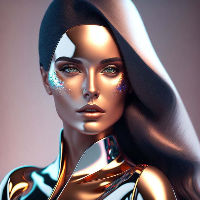 Woman with metallic skin and blue eyes in digital art.