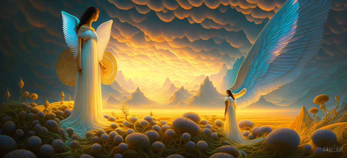 Surreal digital artwork of angelic figures in vibrant landscape