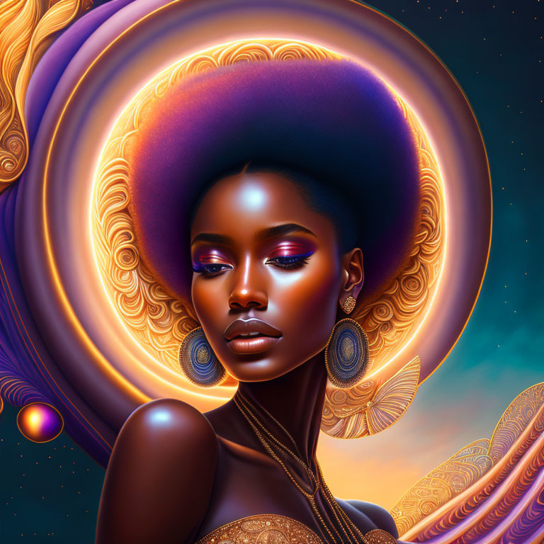 Vibrant cosmic digital artwork of woman with celestial motifs