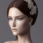 3D-rendered woman with brown hair in bun and floral accessories