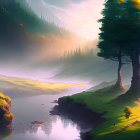 Tranquil landscape with river, hills, trees, and mist at sunrise or sunset