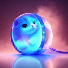 Blue fluffy cat-like creature in translucent sphere on pink-purple background