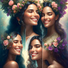 Five portraits of a woman with a floral crown and joyful expressions in soft, ethereal lighting.