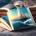 Open book with ocean scene and sailing ship at sunset surrounded by other books