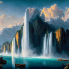 Majestic multi-tiered waterfall in vibrant landscape