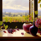 Tranquil still life with ripe grapes, sunlit ledge, lush vista, and golden hour v