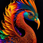 Colorful digital artwork: Woman with flaming head and vibrant feather decorations