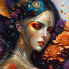 Vibrant makeup and gold jewelry on a woman in digital art among colorful flowers