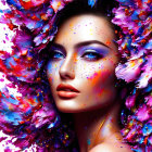 Vibrant liquid art in vivid colors surrounding a woman's creative hair and makeup