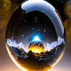 Crystal Ball Reflects Surreal Night Scape with Trees and Stars