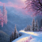 Pink-Hued Winter Sunset Over Snow-Covered Mountains