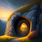 Surreal landscape with glowing tree, spiraling rock, golden fields, and distant castle
