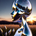 Reflective humanoid figure in surreal landscape with flowers and setting sun