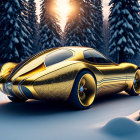 Futuristic golden car with blue accents in snowy forest sunset